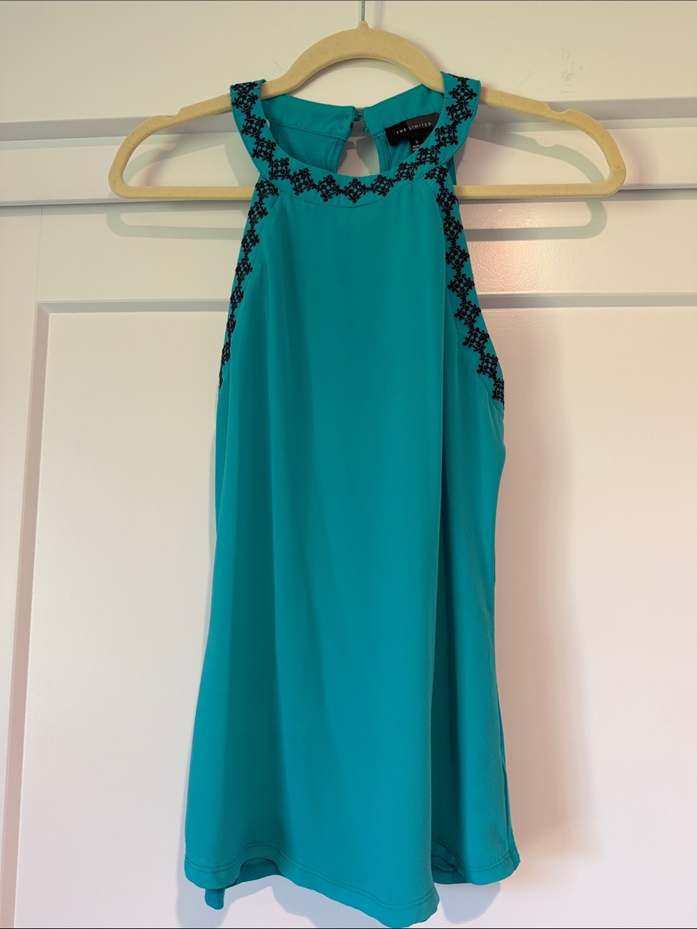 The Limited Teal Halter Tank with Black Embroidered Trim